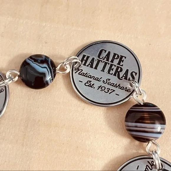 Mixed Metal Lighthouse Black Agate Statement Bracelet 7.5β Travel Vacation - Picture 6 of 8